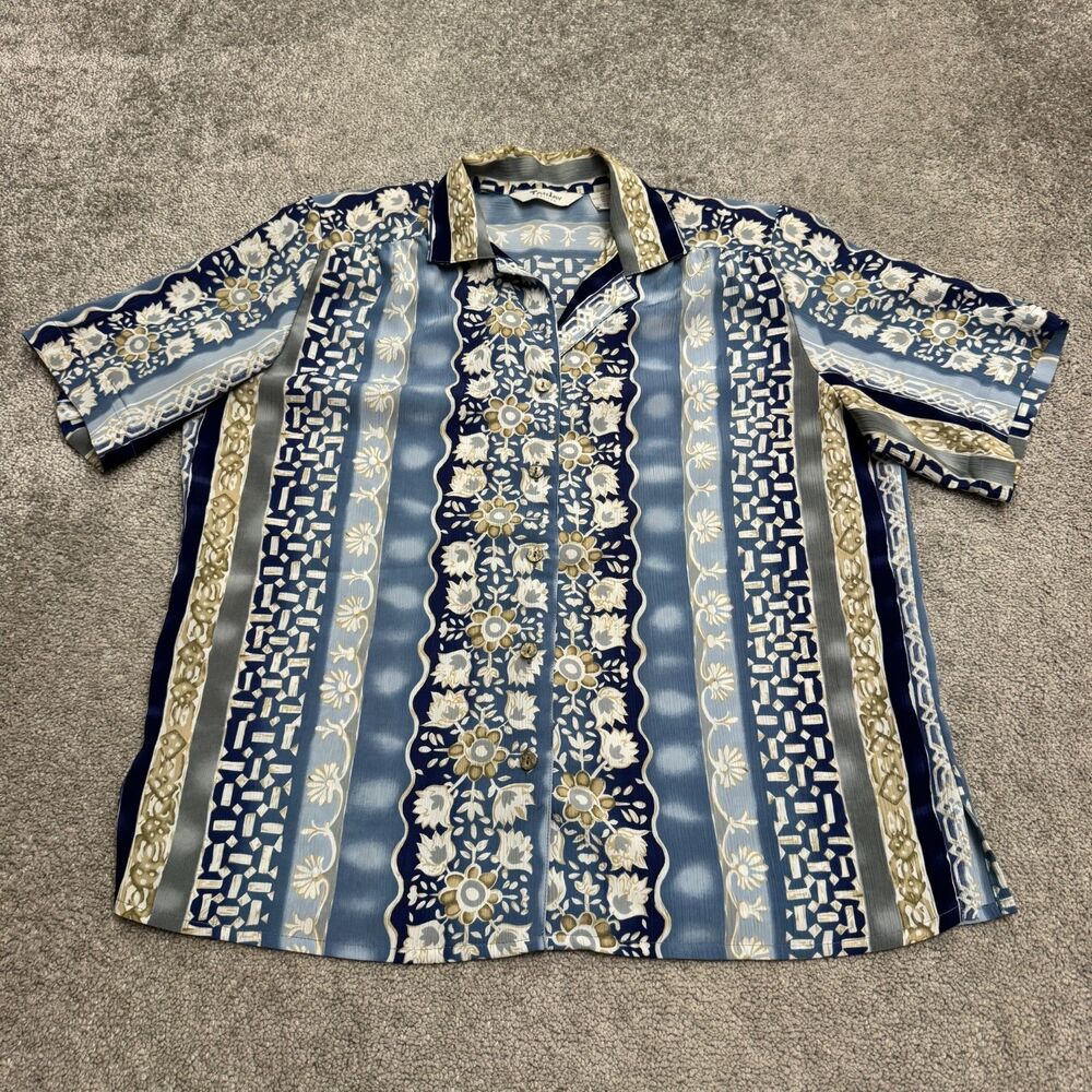 Vintage 90s TanJay Petites Seersucker Blouse Womens 14P Blue Floral Button Front
